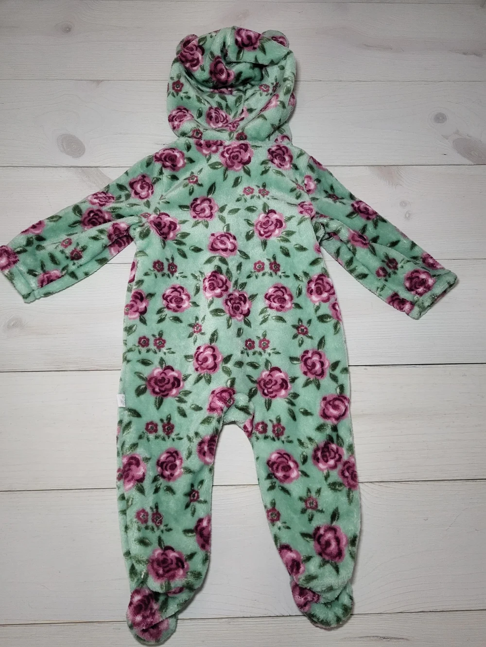 Duck Duck Goose Infant Girl's Plush Footie Floral Hooded Baby Outfit Shabby Chic